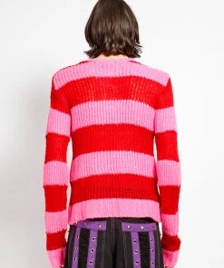 Trippnyc.com Women OPEN STRIPE SWEATER PINK/RED