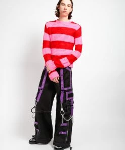 Trippnyc.com Women OPEN STRIPE SWEATER PINK/RED