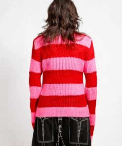 Trippnyc.com Women OPEN STRIPE SWEATER PINK/RED