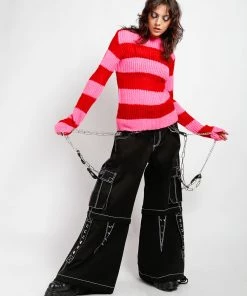 Trippnyc.com Women OPEN STRIPE SWEATER PINK/RED