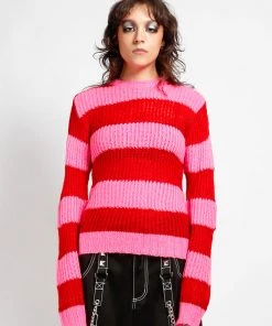 Trippnyc.com Women OPEN STRIPE SWEATER PINK/RED