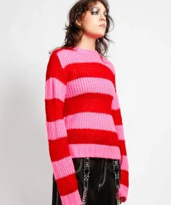 Trippnyc.com Women OPEN STRIPE SWEATER PINK/RED
