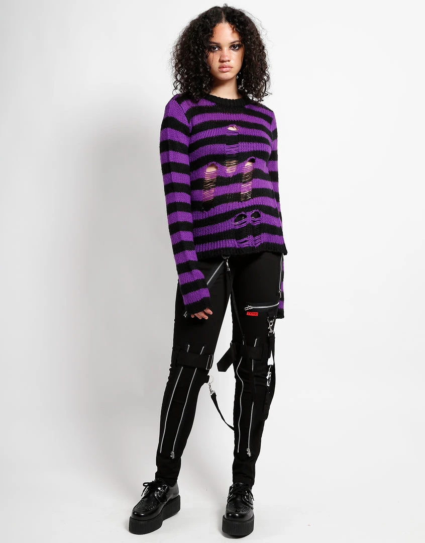 Trippnyc.com Women RAG STRIPE SWEATER PURPLE 2 Trippnyc.com Women RAG STRIPE SWEATER PURPLE