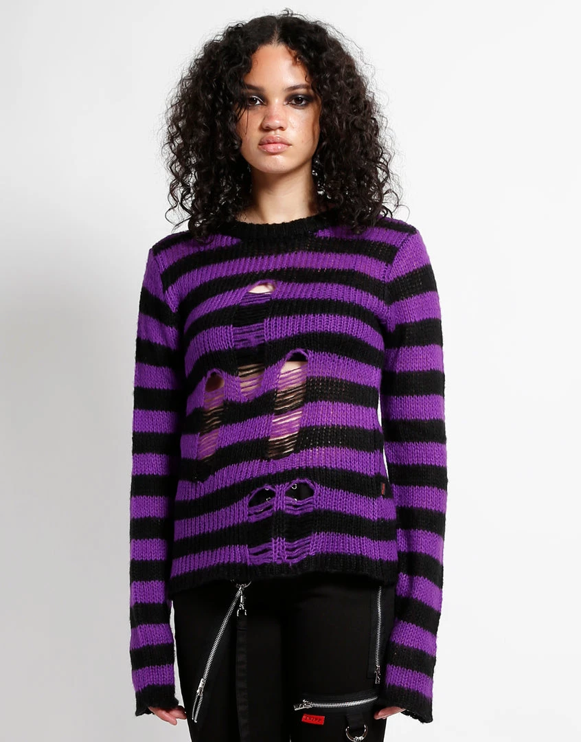 Trippnyc.com Women RAG STRIPE SWEATER PURPLE 1 Trippnyc.com Women RAG STRIPE SWEATER PURPLE