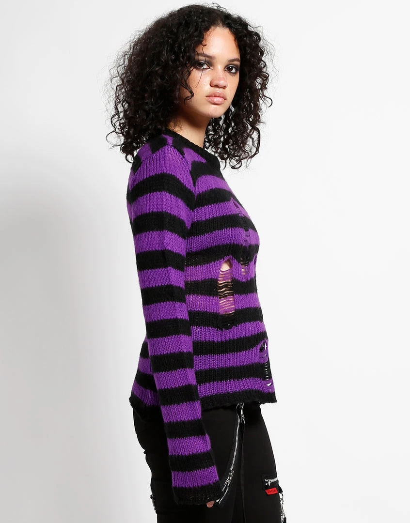 Trippnyc.com Women RAG STRIPE SWEATER PURPLE 3 Trippnyc.com Women RAG STRIPE SWEATER PURPLE