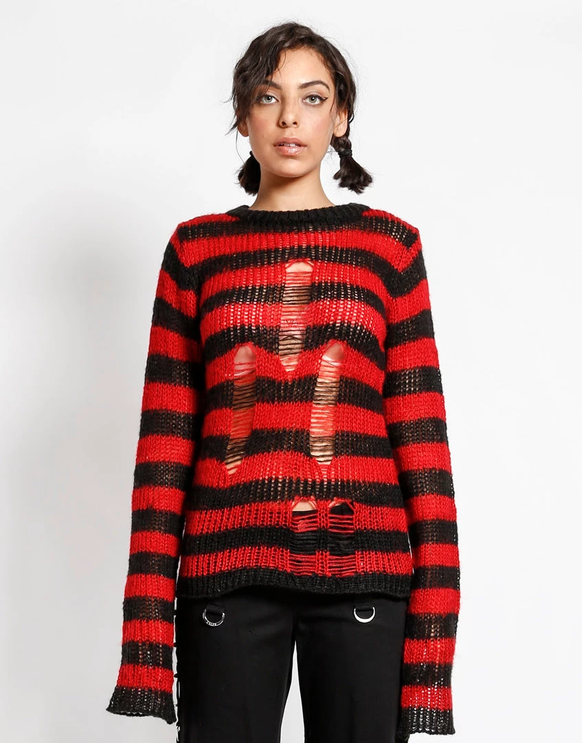 Trippnyc.com RAG STRIPE SWEATER RED Women 1 Trippnyc.com RAG STRIPE SWEATER RED Women