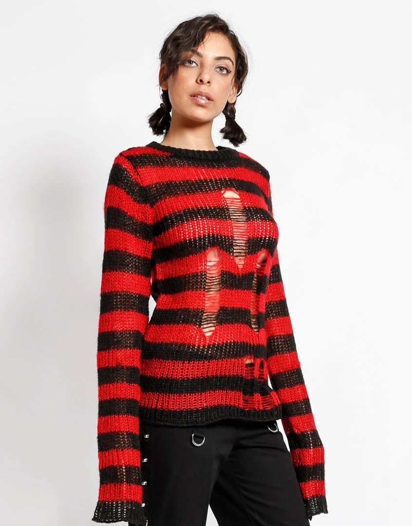 Trippnyc.com RAG STRIPE SWEATER RED Women 3 Trippnyc.com RAG STRIPE SWEATER RED Women