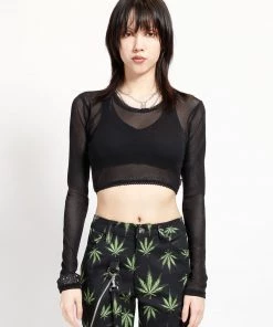 Trippnyc.com Women LONG SLEEVE CROP FISHNET BLACK