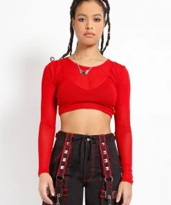 Trippnyc.com Women LONG SLEEVE CROP FISHNET RED