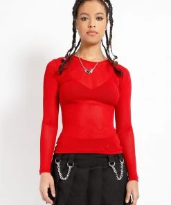 Trippnyc.com LADIES LONG SLEEVE FISHNET RED