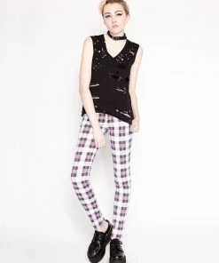 Trippnyc.com Women T-BACK JEAN WHITE TARTAN PLAID