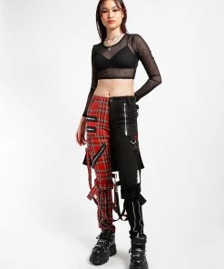 Trippnyc.com Women SPLIT LEG BUMFLAP PANT RED PLAID