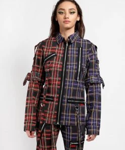 Trippnyc.com Women SPLIT PUNK JACKET BLACK/PURPLE PLAID