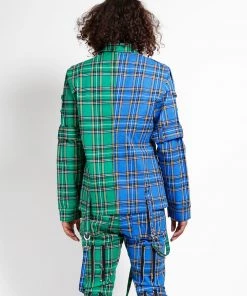 Trippnyc.com Women SPLIT PUNK JACKET BLUE/GREEN PLAID