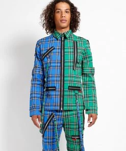 Trippnyc.com Women SPLIT PUNK JACKET BLUE/GREEN PLAID