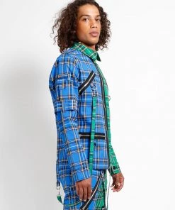 Trippnyc.com Women SPLIT PUNK JACKET BLUE/GREEN PLAID