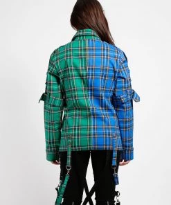 Trippnyc.com Women SPLIT PUNK JACKET BLUE/GREEN PLAID
