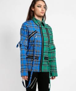 Trippnyc.com Women SPLIT PUNK JACKET BLUE/GREEN PLAID