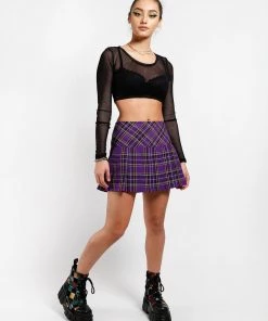 Trippnyc.com Women PLEATED SKIRT PURPLE PLAID
